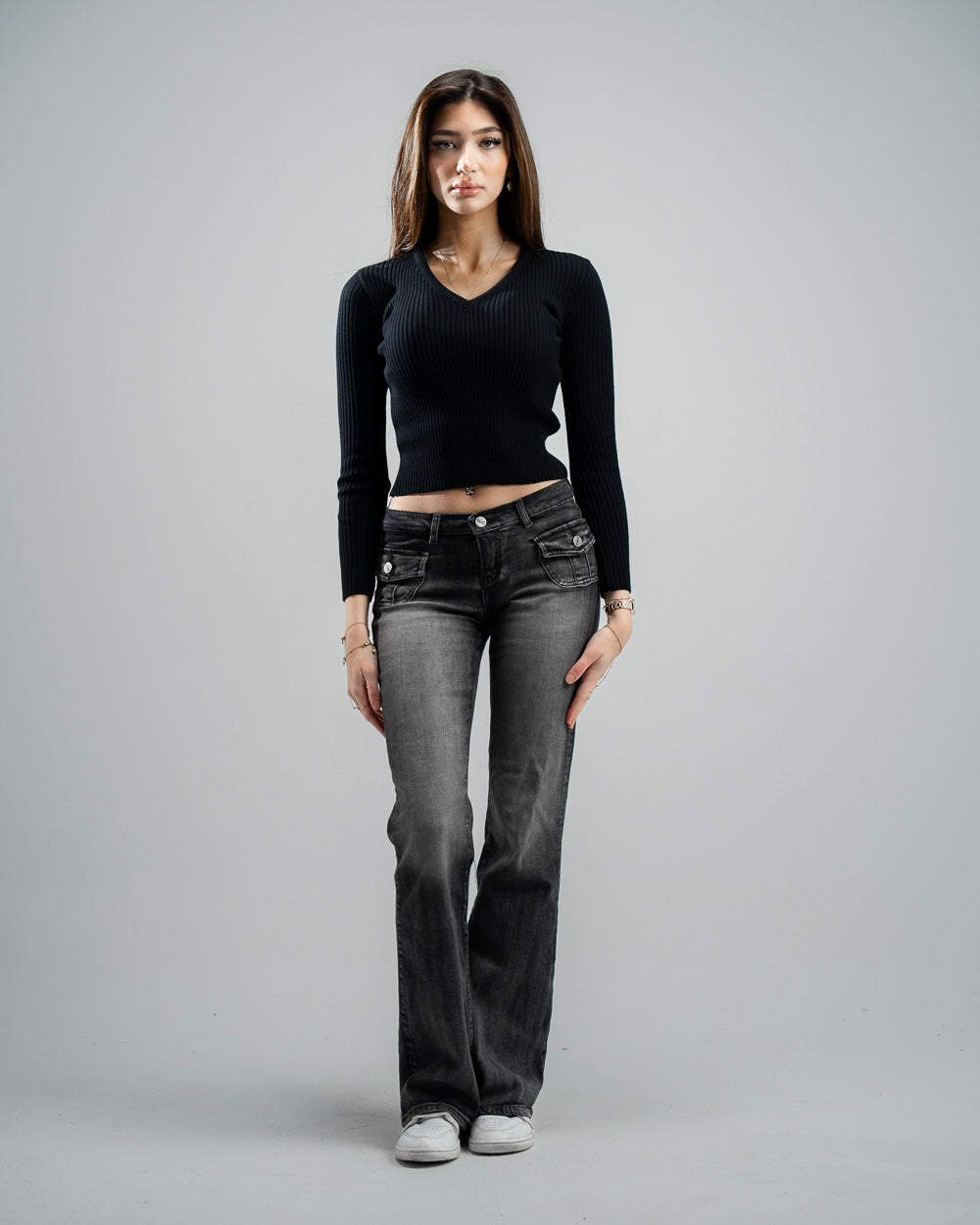 Black Knitted V-Neck  Top