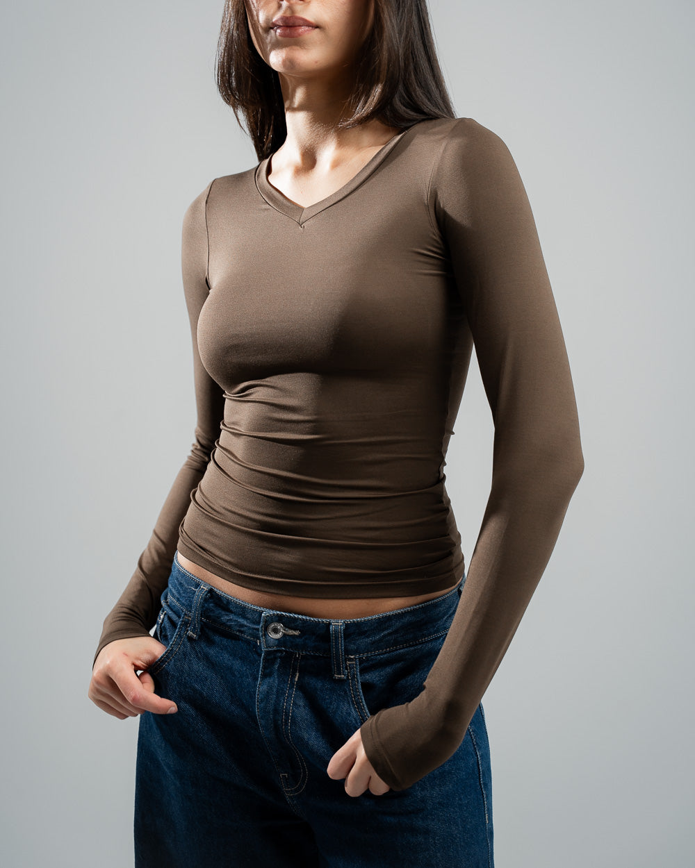 Brown V-Neck Basic Top