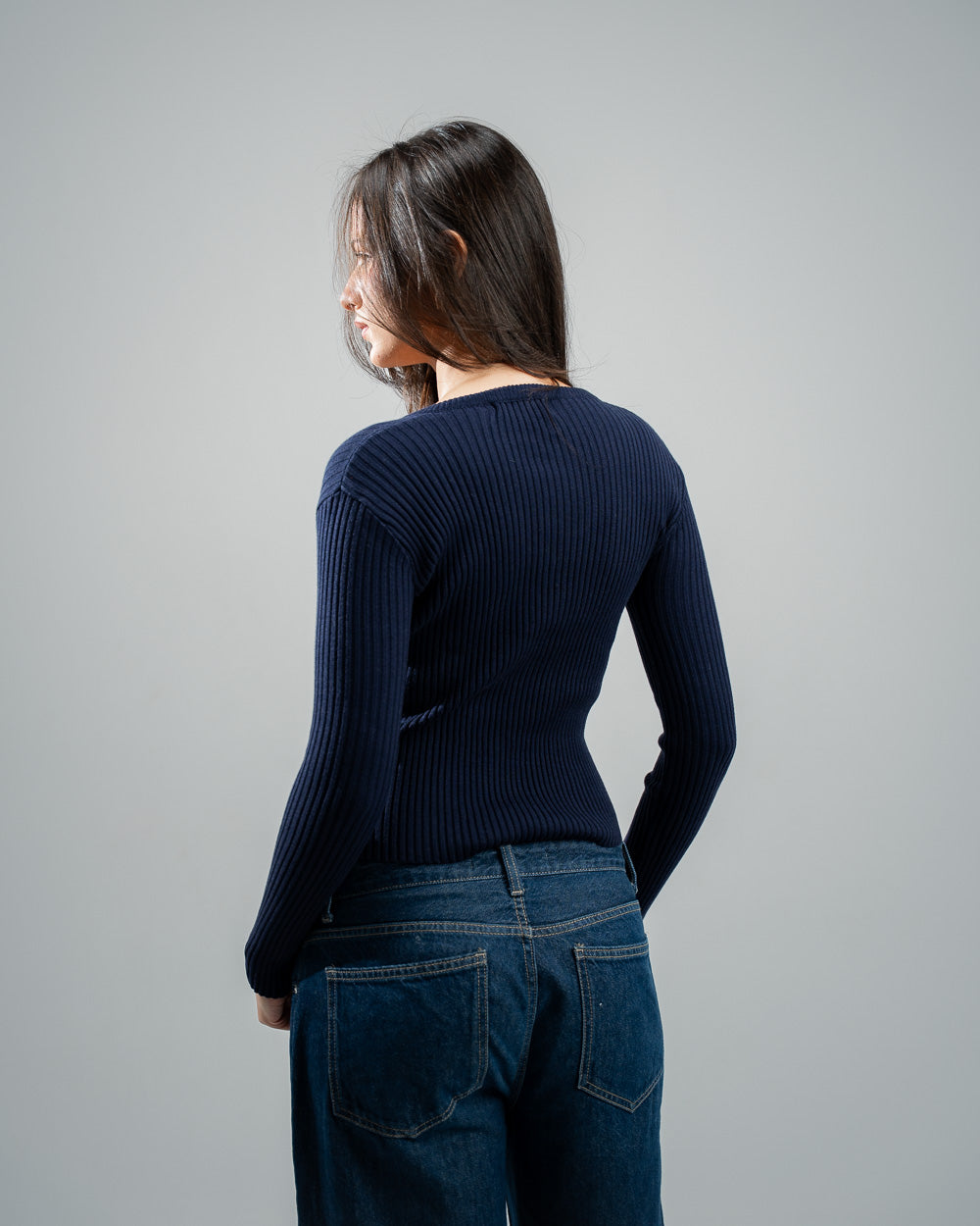 Navy Knitted V-Neck  Top