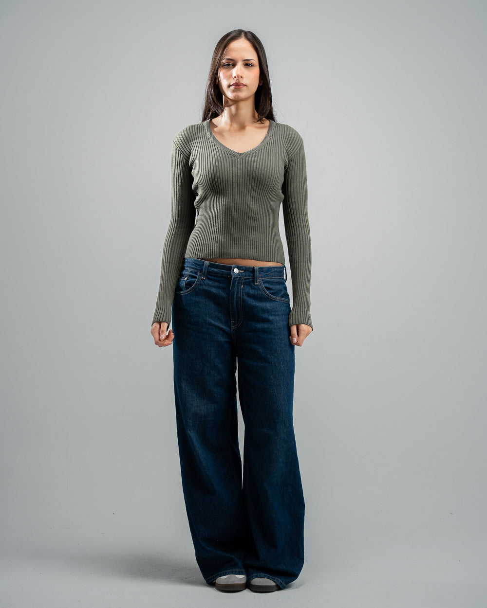 Olive Knitted V-Neck  Top