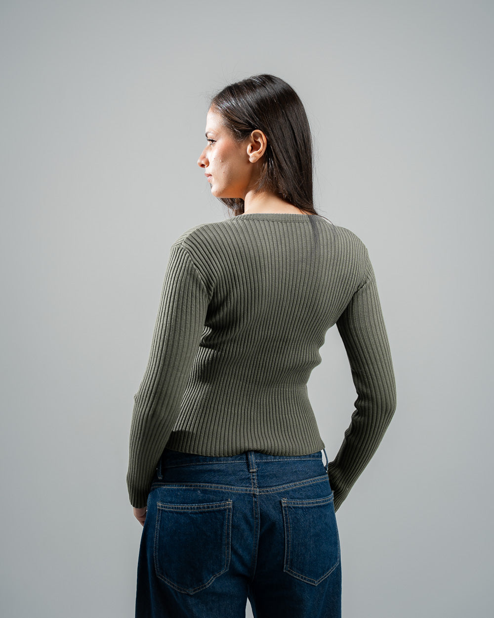 Olive Knitted V-Neck  Top