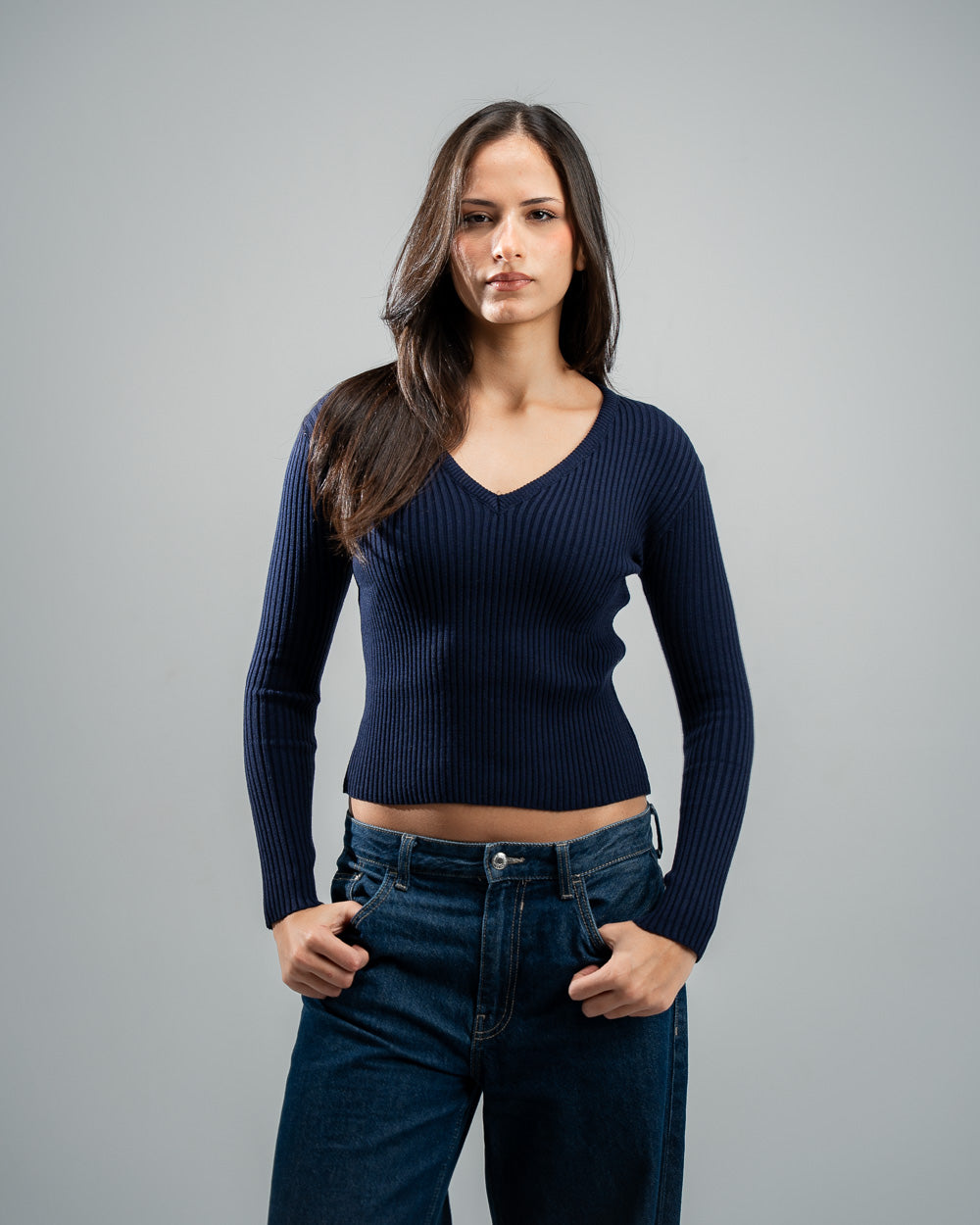 Navy Knitted V-Neck  Top