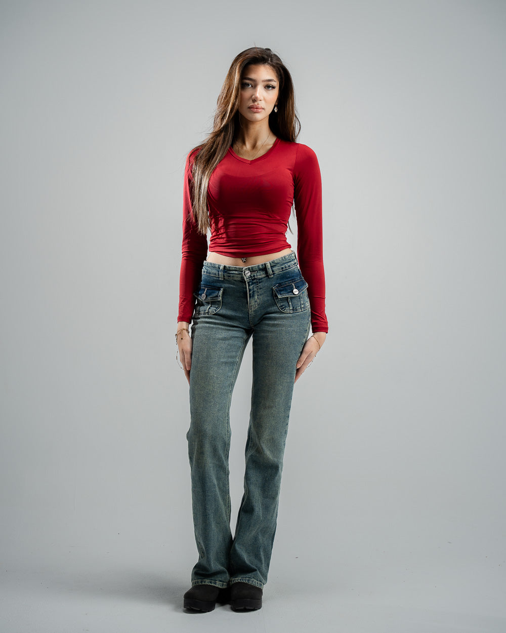 Burgundy V-Neck Basic Top