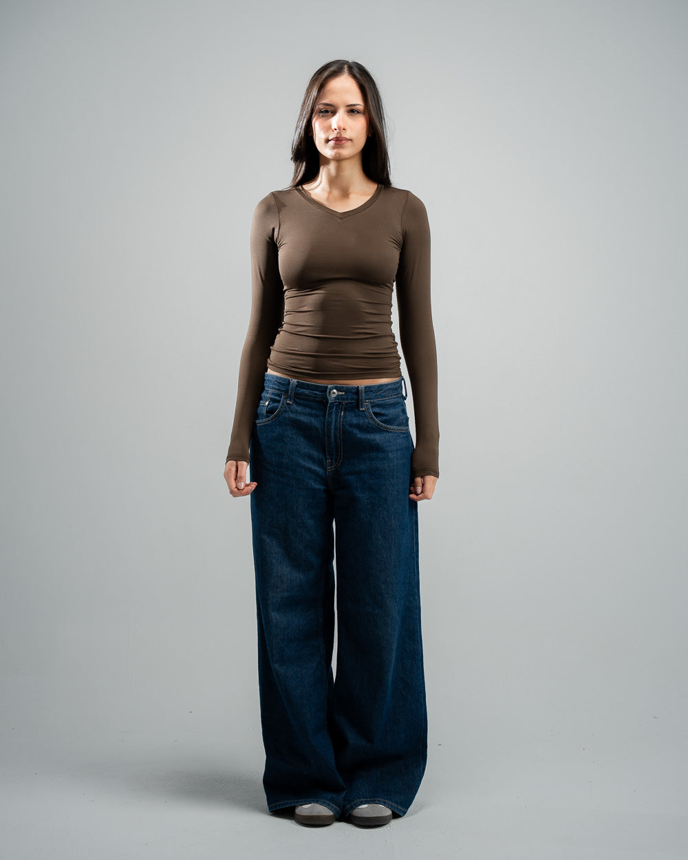 Brown V-Neck Basic Top