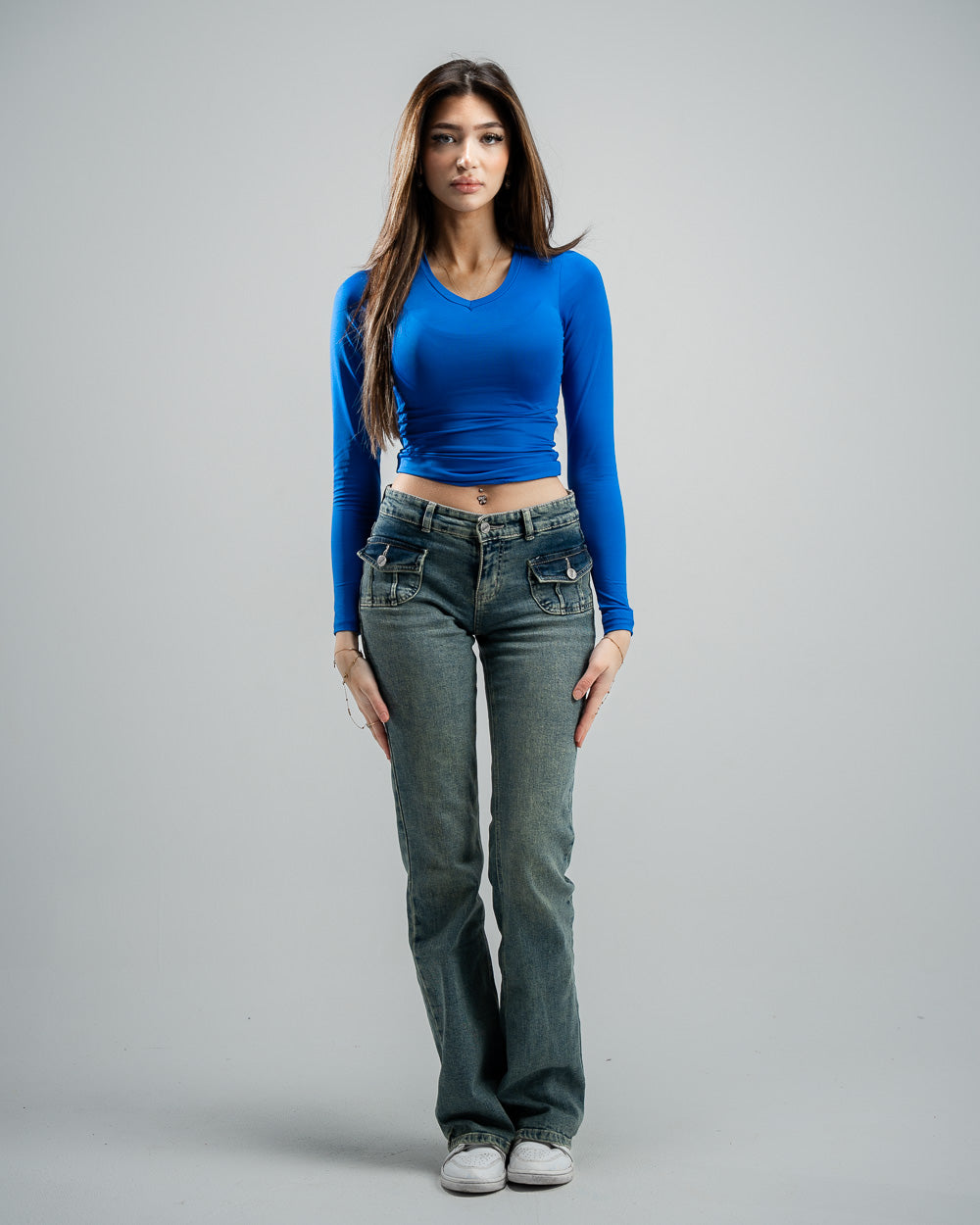 blue V-Neck Basic Top